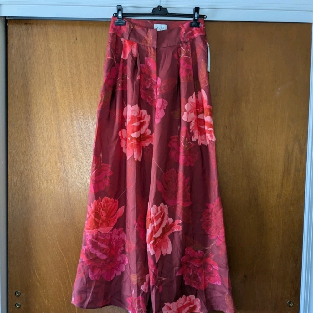 Aura Red Dress Super Wide Leg Boho Floral A-Line Skirt in Pink and Red NEW Med